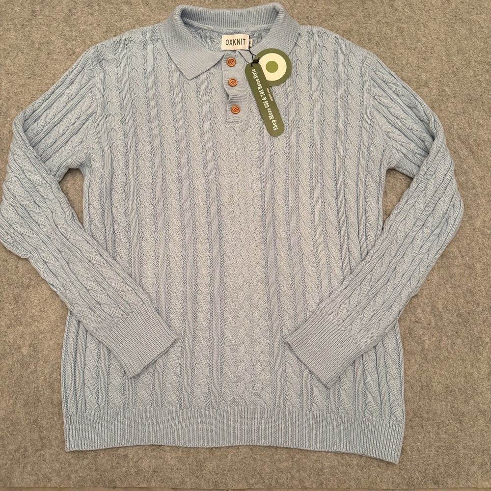 OXKnit Men's Cable Knit Polo Sweater Grandpa Preppy Retro Lt Blue Size XL NWT